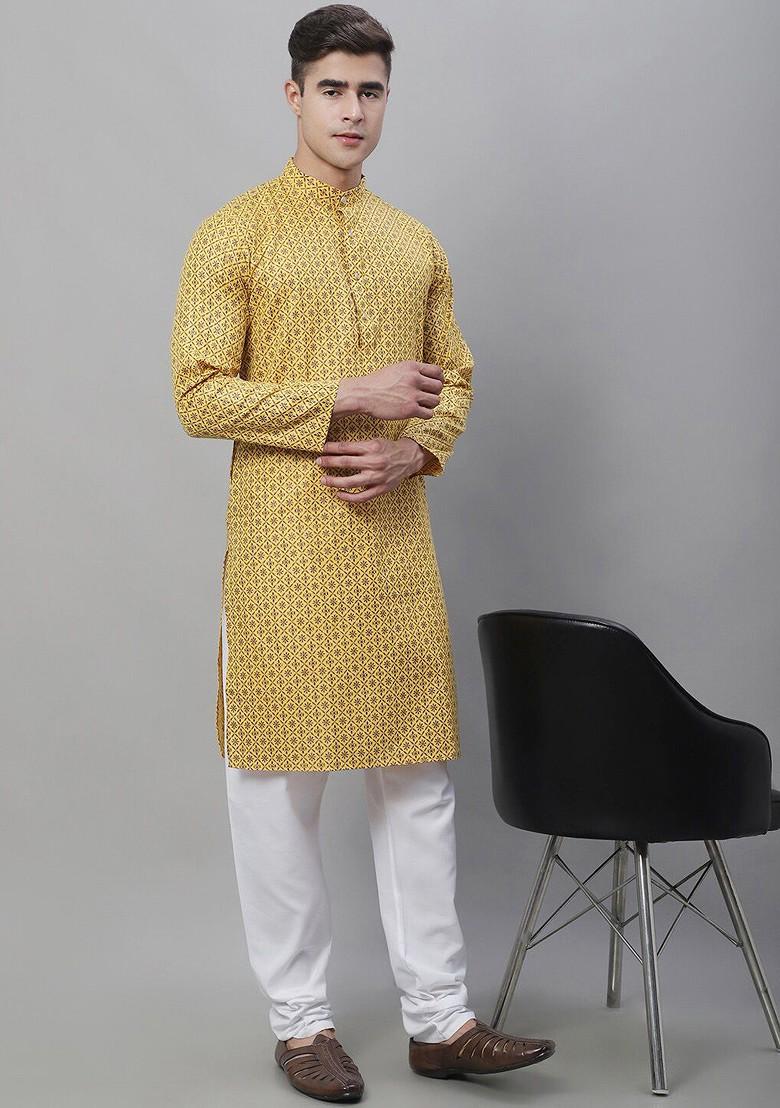 Mustard Ethnic Motifs Cotton Kurta Set For Men