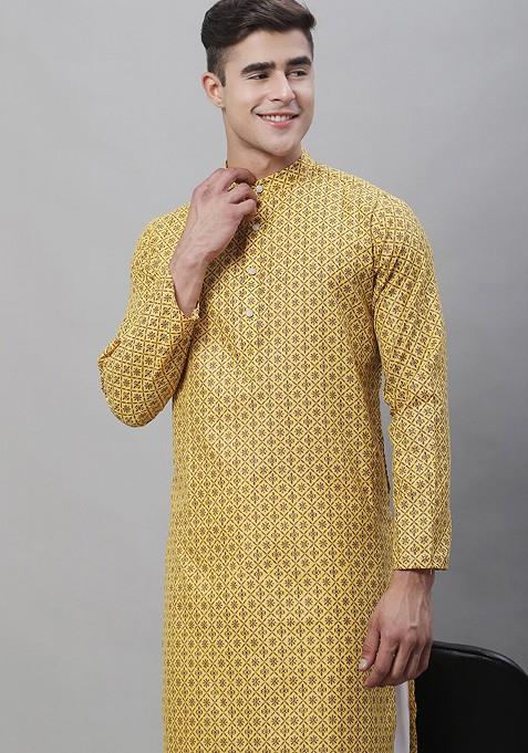 Mustard Ethnic Motifs Cotton Kurta Set For Men