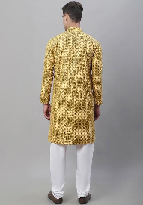 Mustard Ethnic Motifs Cotton Kurta Set For Men