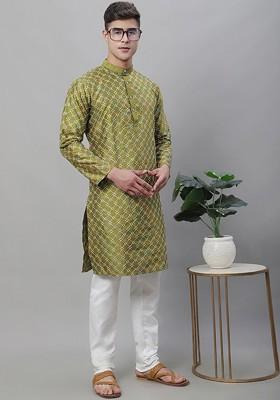 Olive Embroidered Cotton Kurta Set For Men