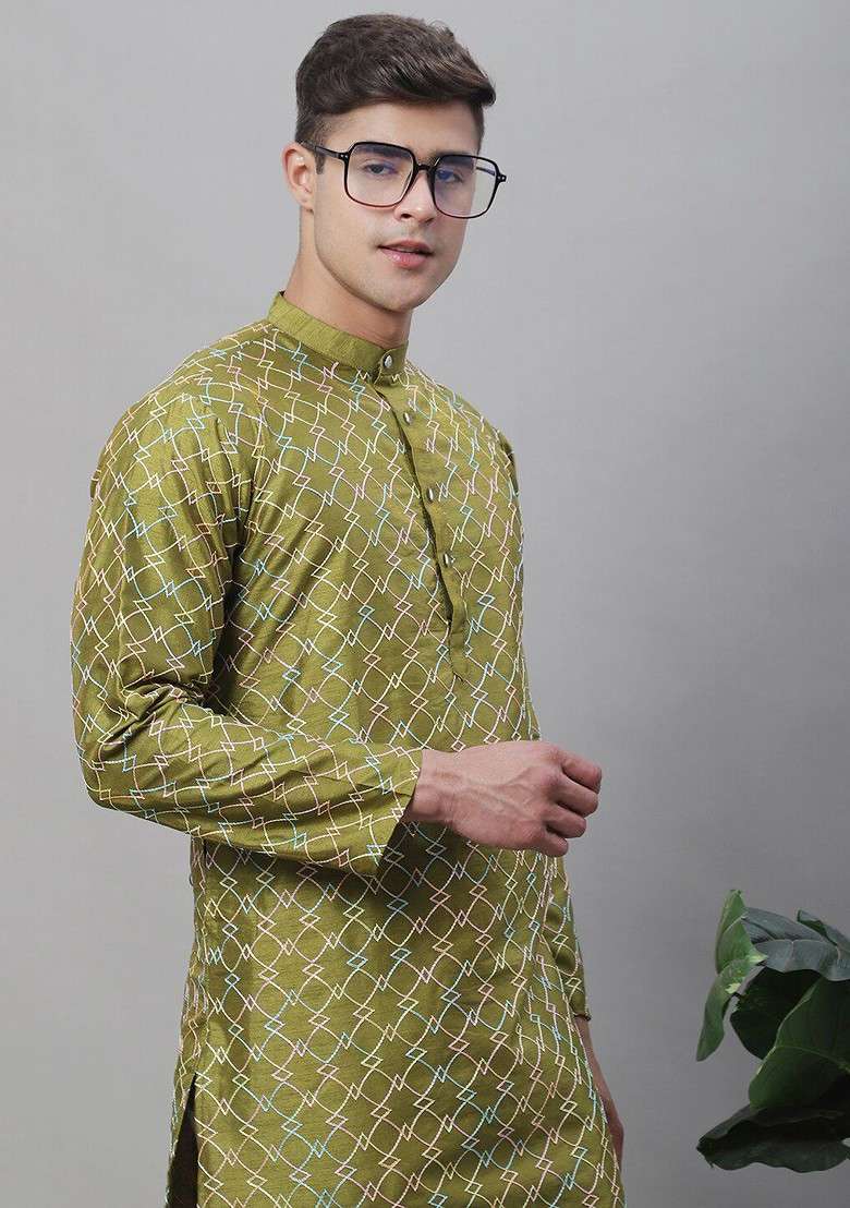 Olive Embroidered Cotton Kurta Set For Men - Indya