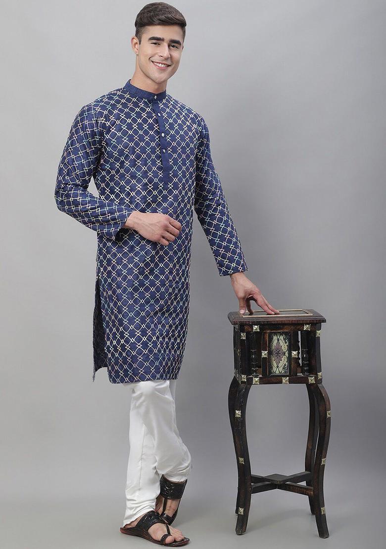 Navy Blue Embroidered Poly Blend Kurta Set For Men