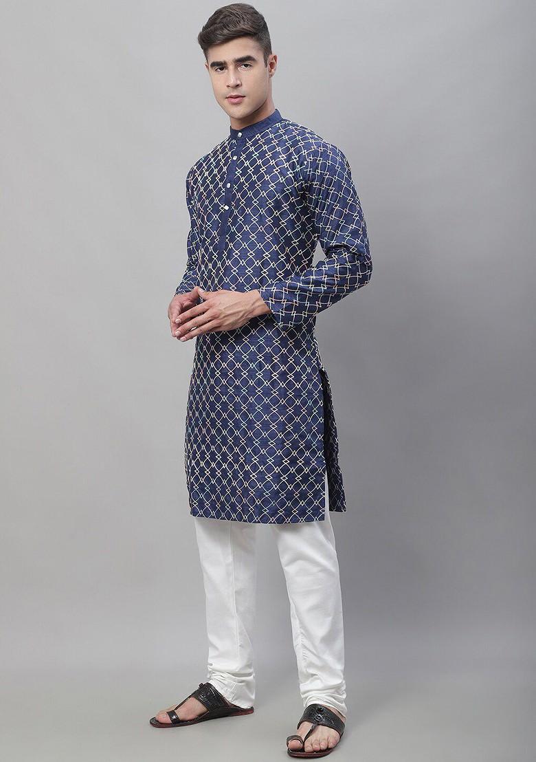 Navy Blue Embroidered Poly Blend Kurta Set For Men