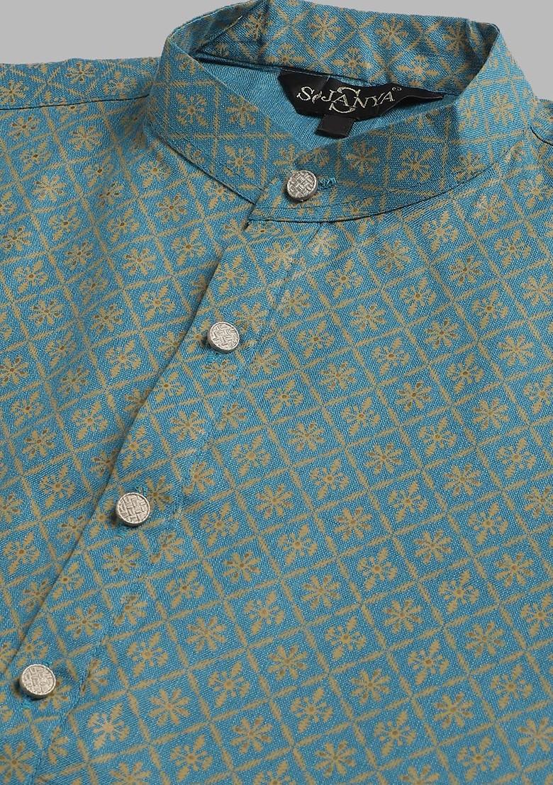 Blue Ethnic Motifs Poly Blend Kurta Set For Men