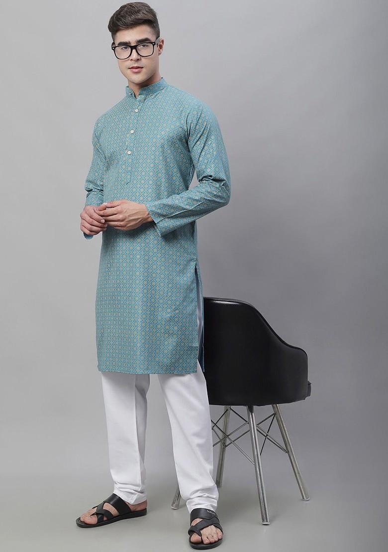 Blue Ethnic Motifs Poly Blend Kurta Set For Men