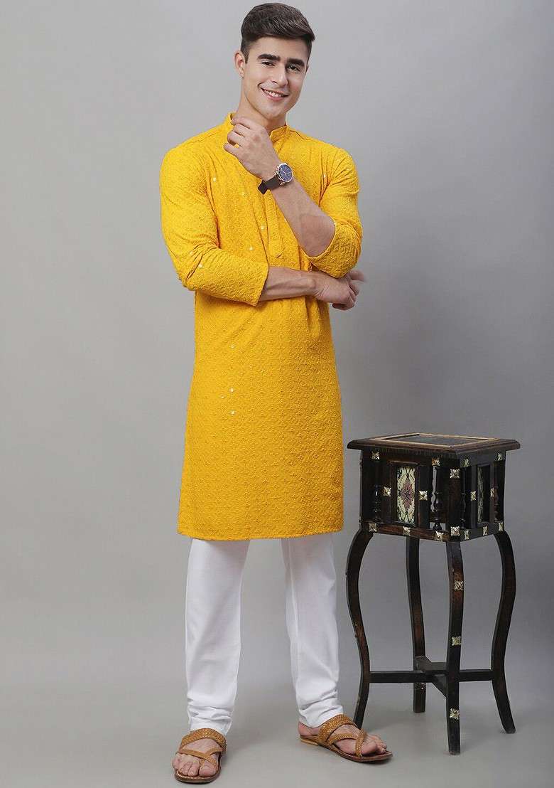 Mustard Embroidered Cotton Kurta Set For Men - Indya