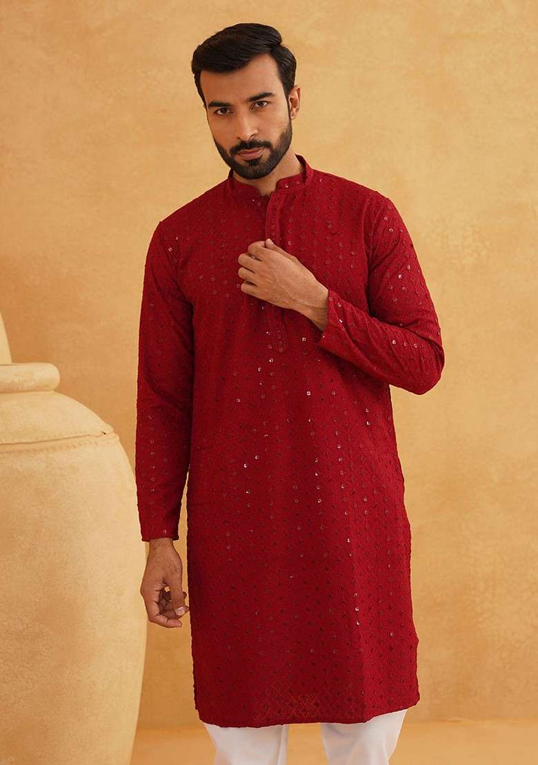 Maroon Embroidered Cotton Kurta Set For Men - Indya