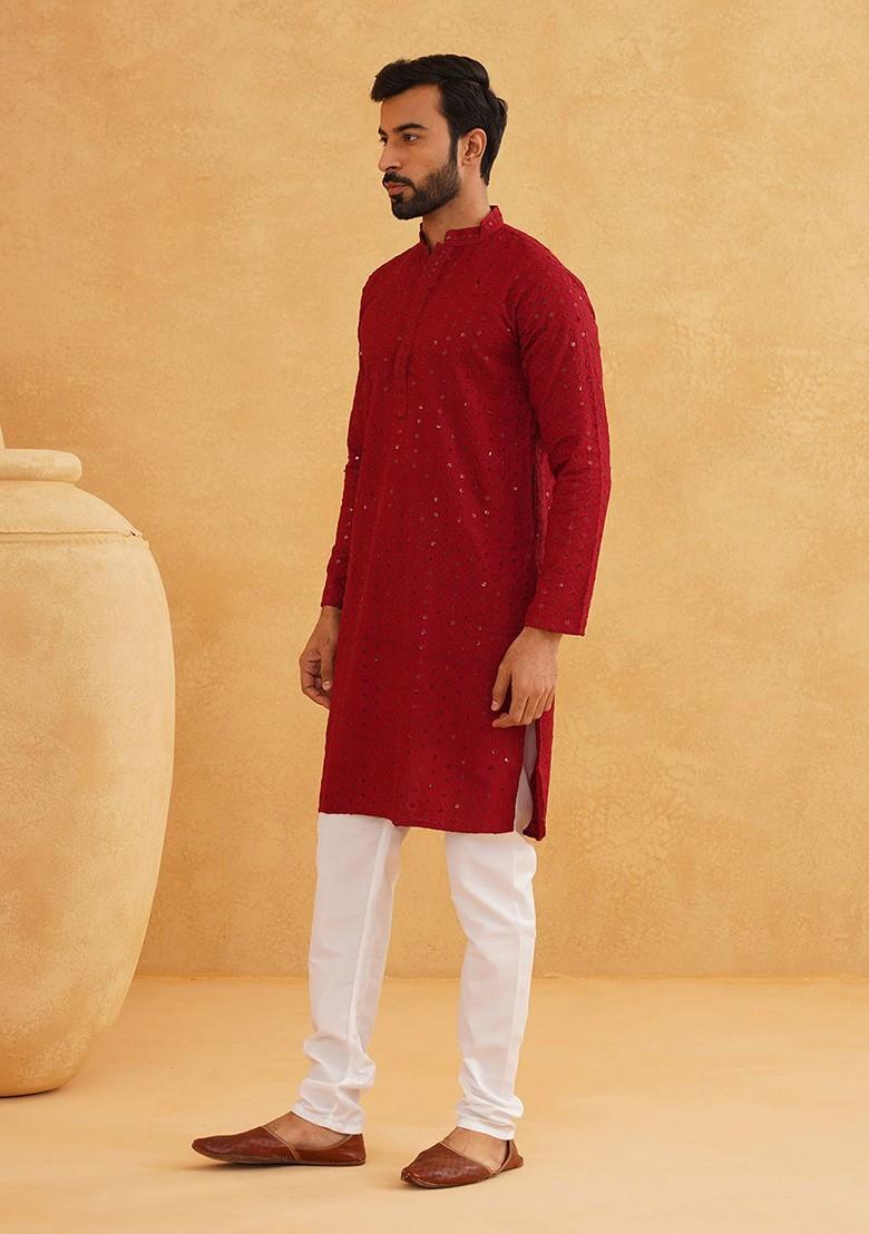 Maroon Embroidered Cotton Kurta Set For Men
