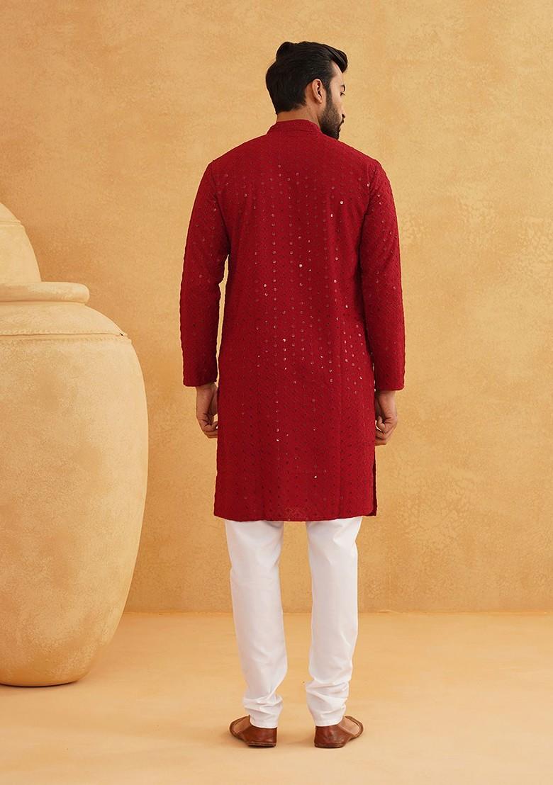 Maroon Embroidered Cotton Kurta Set For Men
