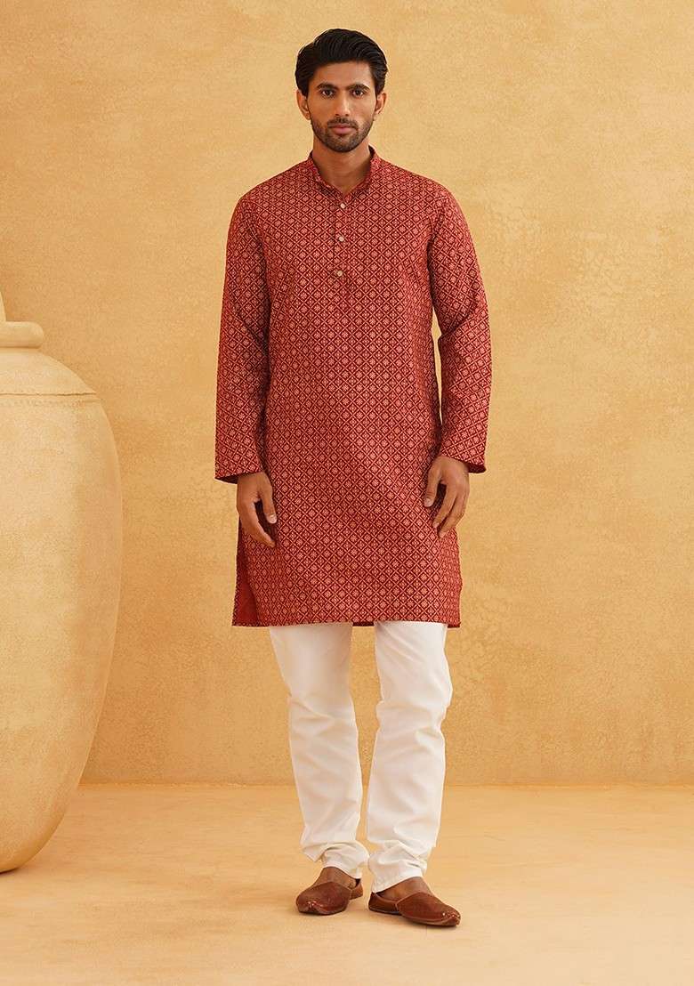 Maroon Ethnic Motifs Cotton Kurta Set For Men - Indya