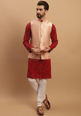 Maroon Embroidered Cotton Kurta Set For Men
