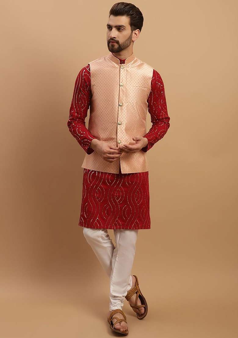 Maroon Embroidered Cotton Kurta Set For Men - Indya