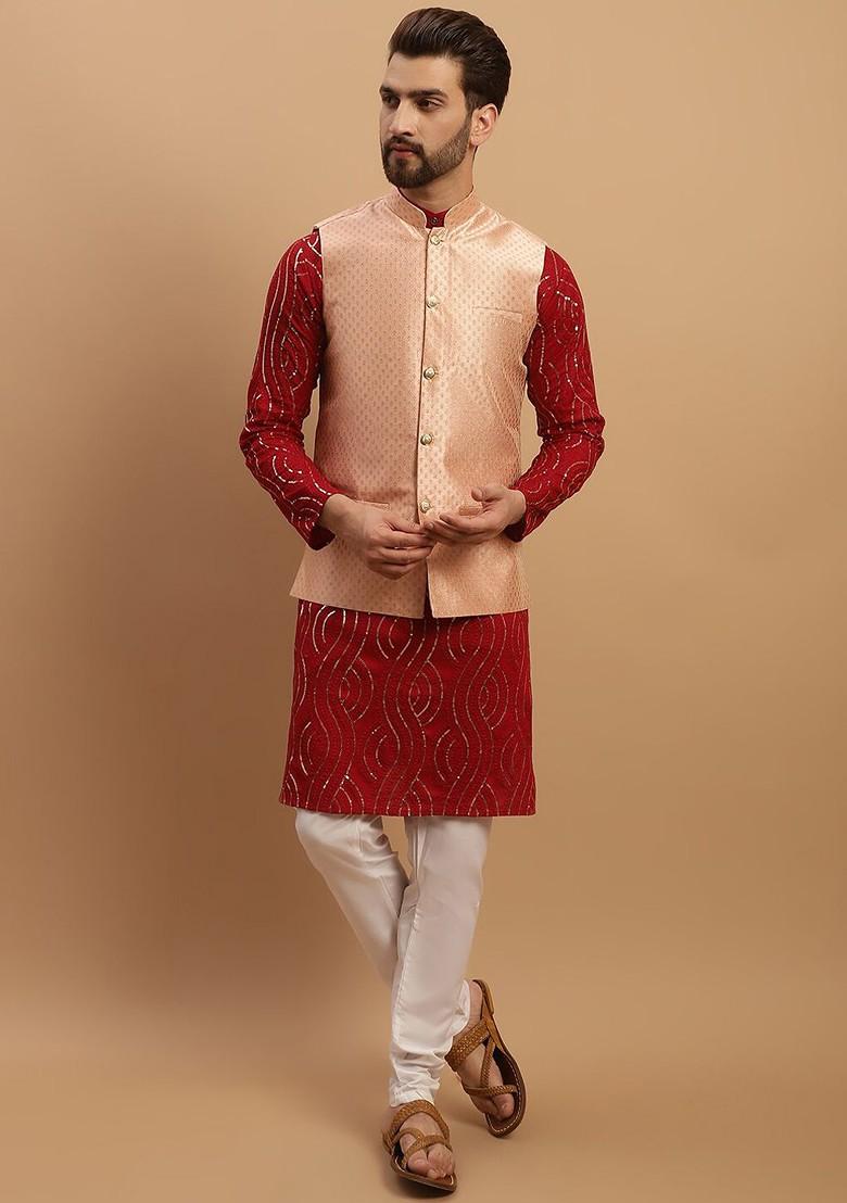 Maroon Embroidered Cotton Kurta Set For Men