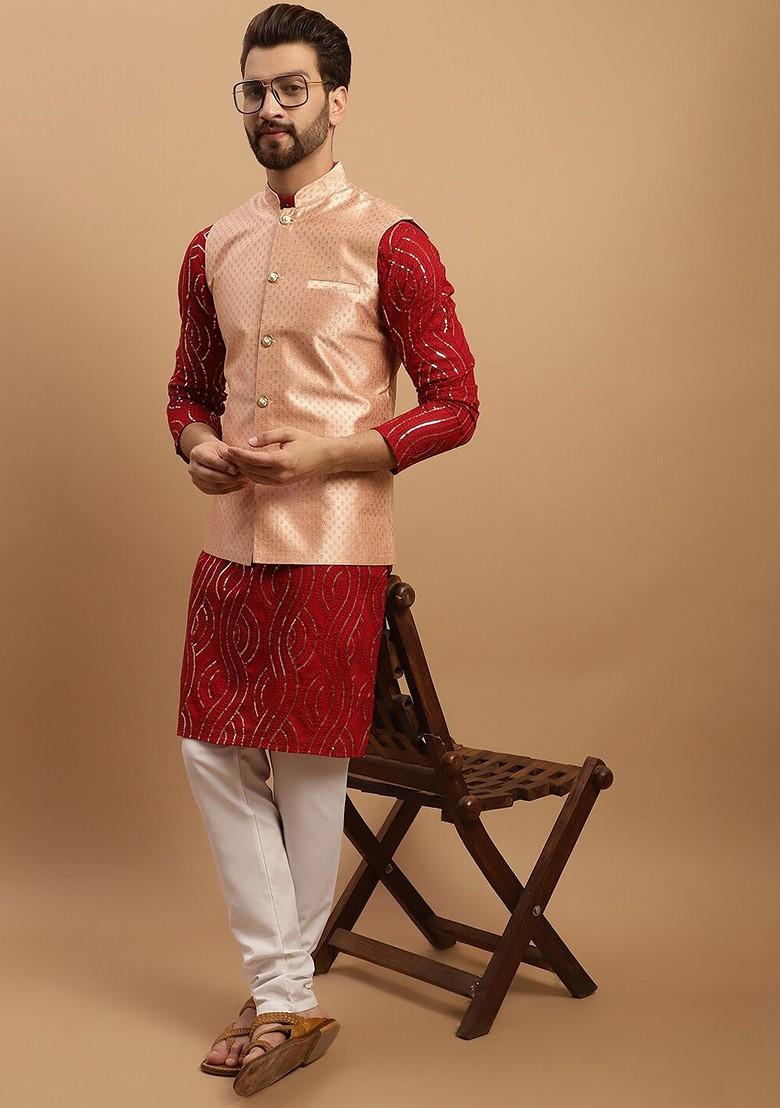 Maroon Embroidered Cotton Kurta Set For Men