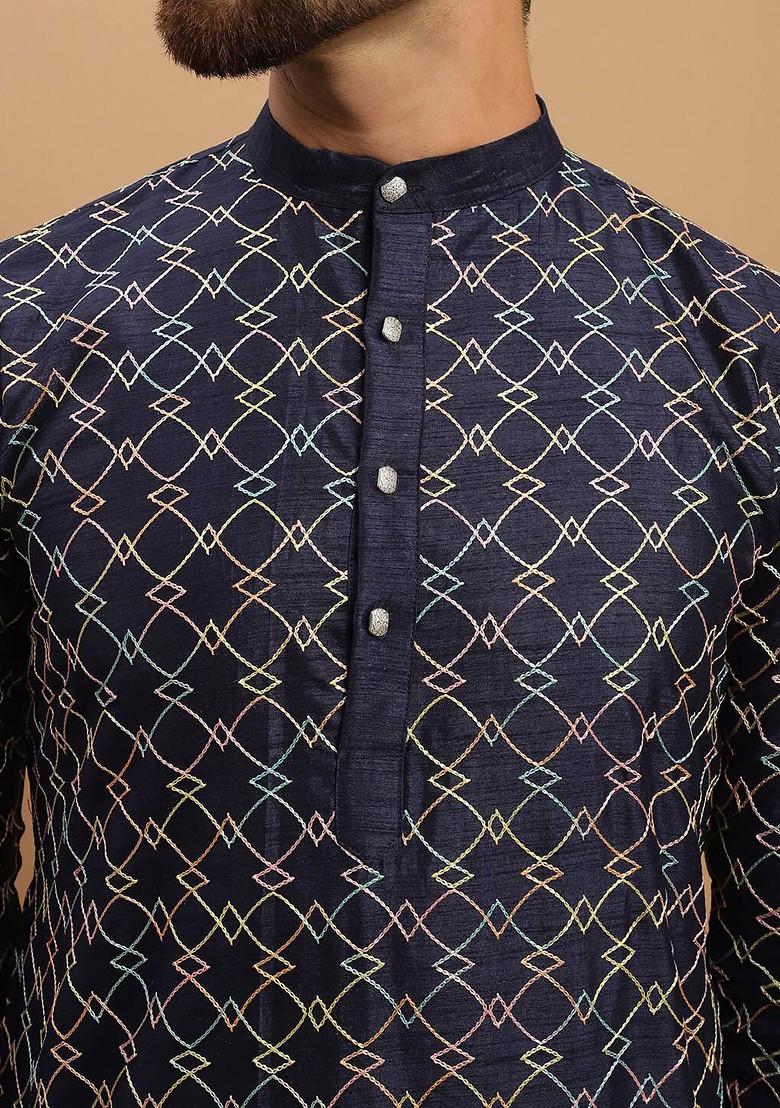 Navy Blue Embroidered Poly Blend Kurta Set For Men