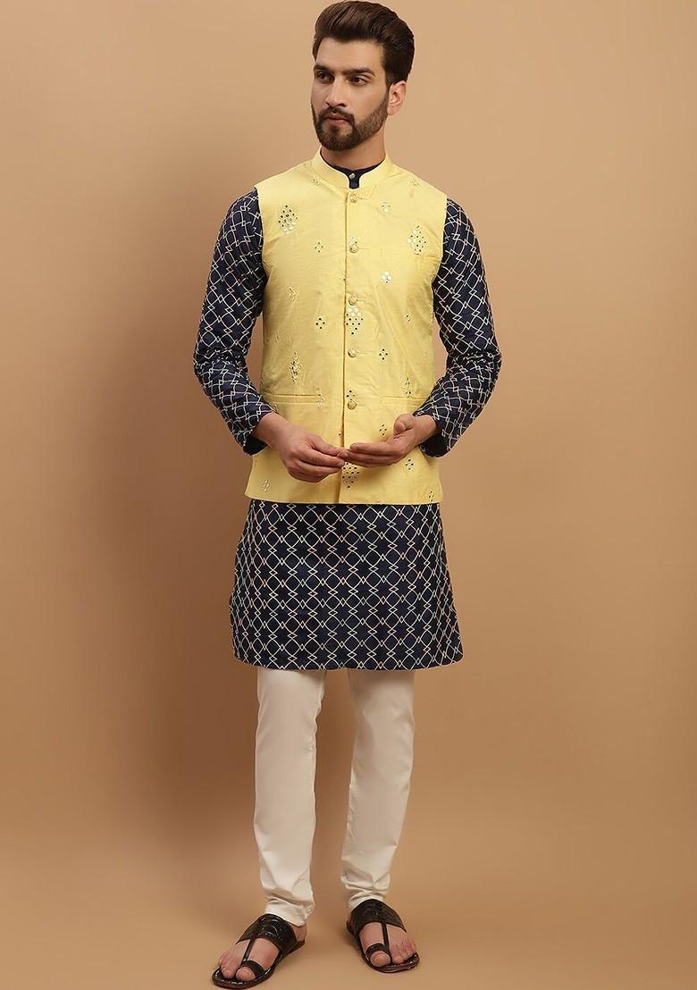 Navy Blue Embroidered Poly Blend Kurta Set For Men