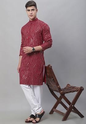 Maroon Embroidered Cotton Kurta Set For Men