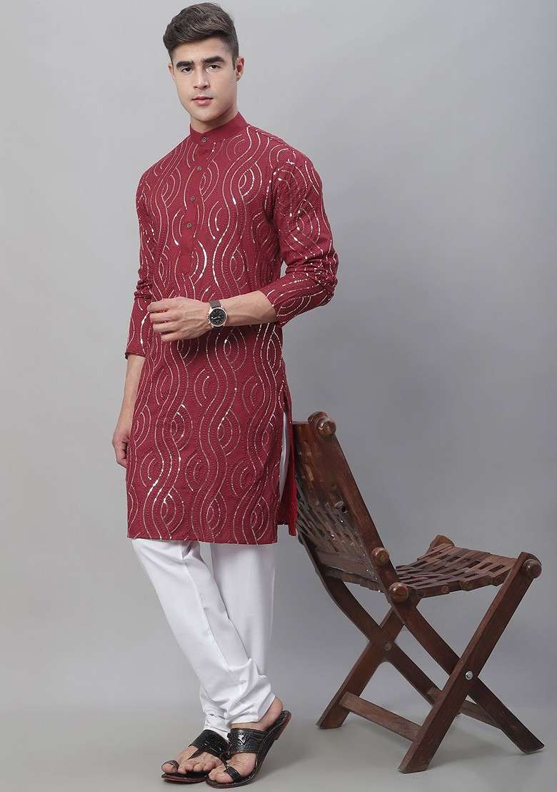 Maroon Embroidered Cotton Kurta Set For Men - Indya