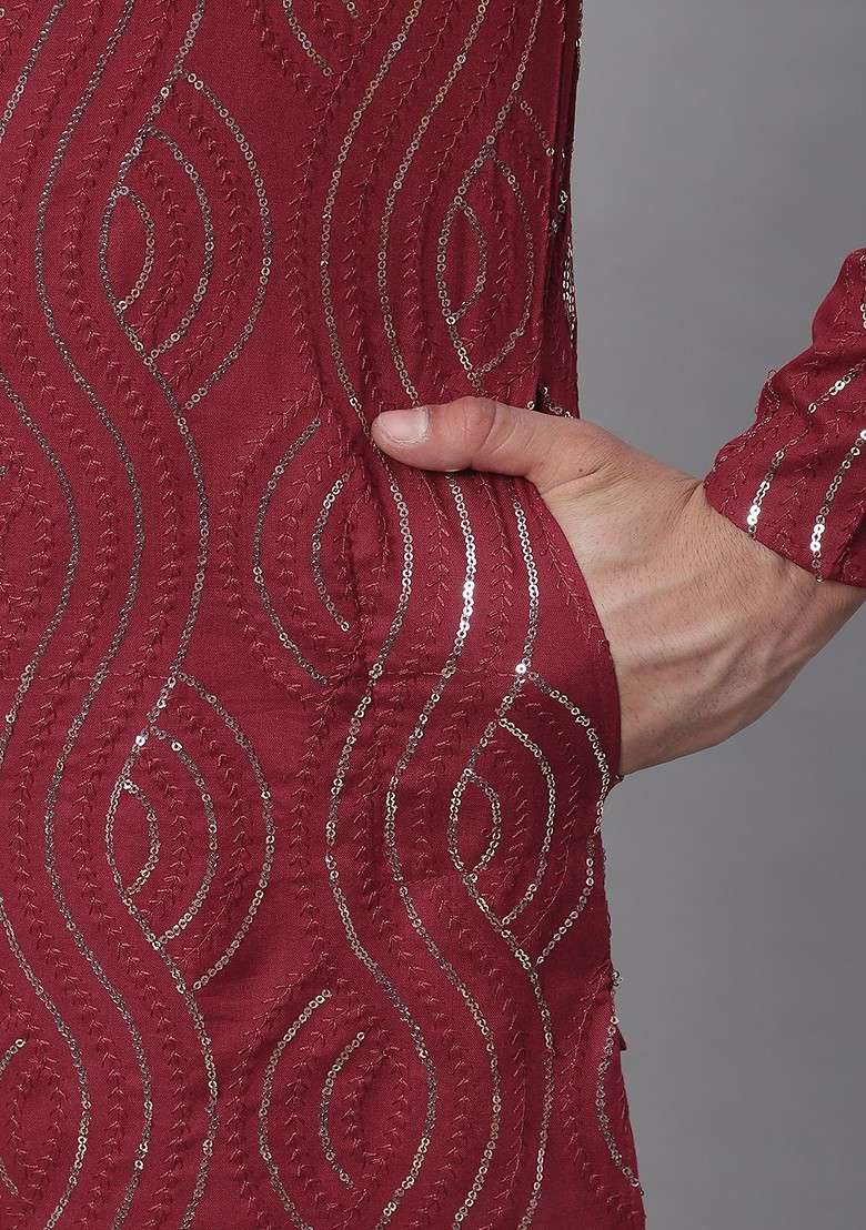 Maroon Embroidered Cotton Kurta Set For Men - Indya