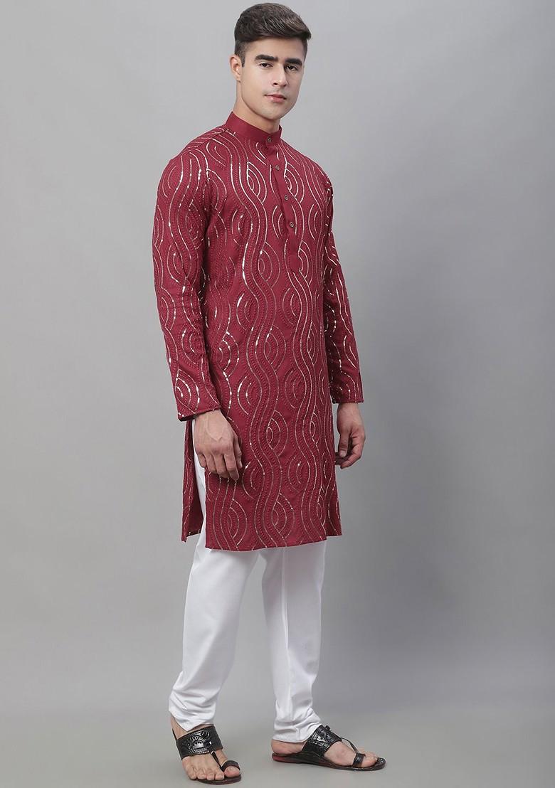 Maroon Embroidered Cotton Kurta Set For Men