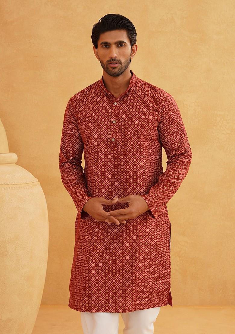 Maroon Ethnic Motifs Poly Blend Kurta Set For Men