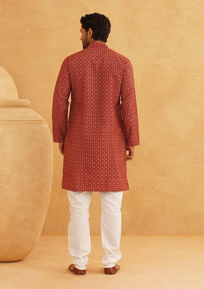Maroon Ethnic Motifs Poly Blend Kurta Set For Men