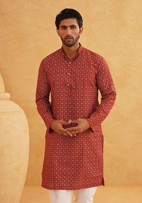 Maroon Ethnic Motifs Poly Blend Kurta Set For Men