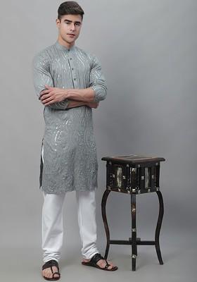 Grey Solid Cotton Kurta Set For Men