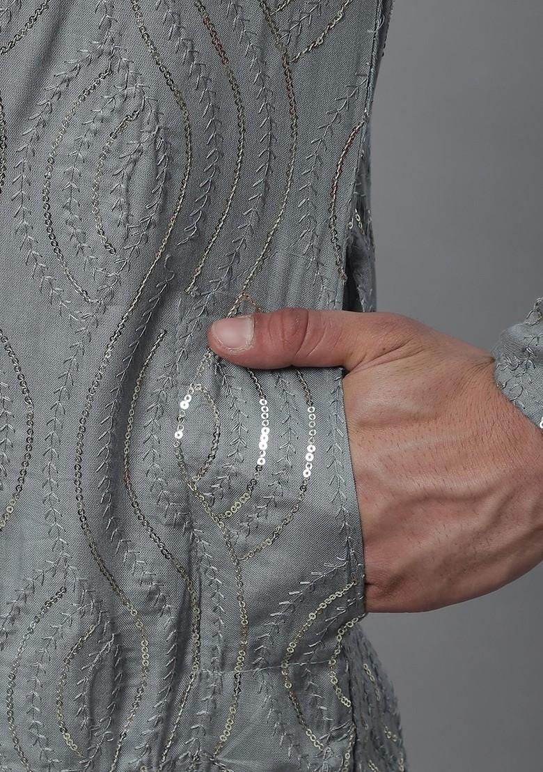 Grey Solid Cotton Kurta Set For Men