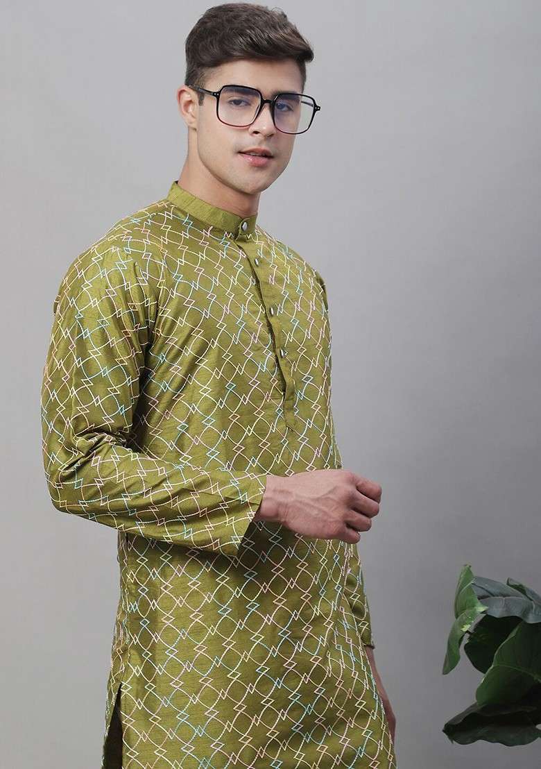 Olive Embroidered Poly Blend Kurta Set For Men - Indya