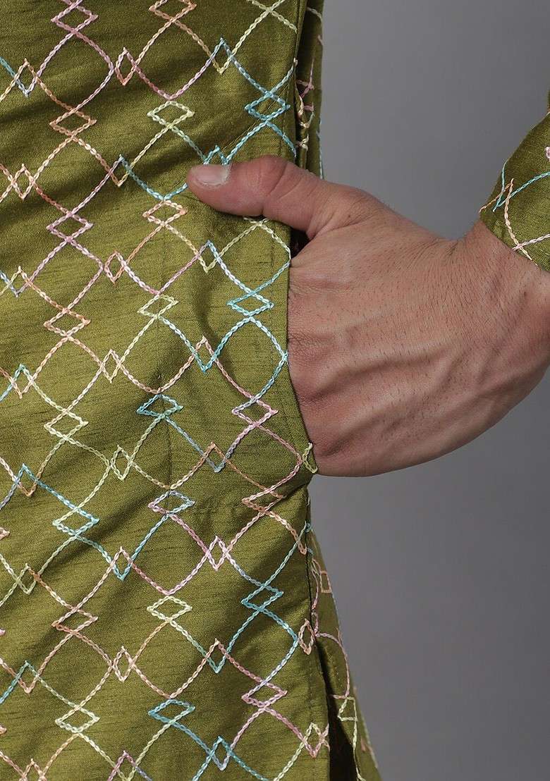 Olive Embroidered Poly Blend Kurta Set For Men - Indya