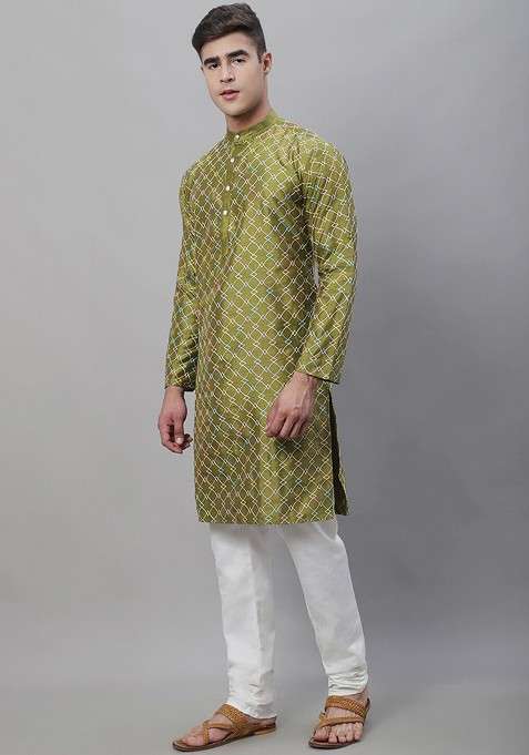 Olive Embroidered Poly Blend Kurta Set For Men