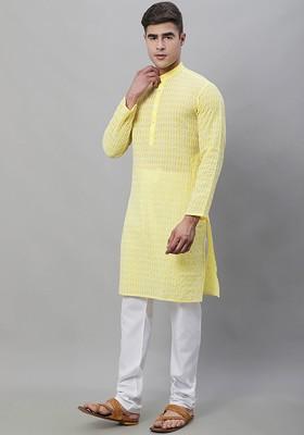 Yellow Embroidered Cotton Kurta Set For Men