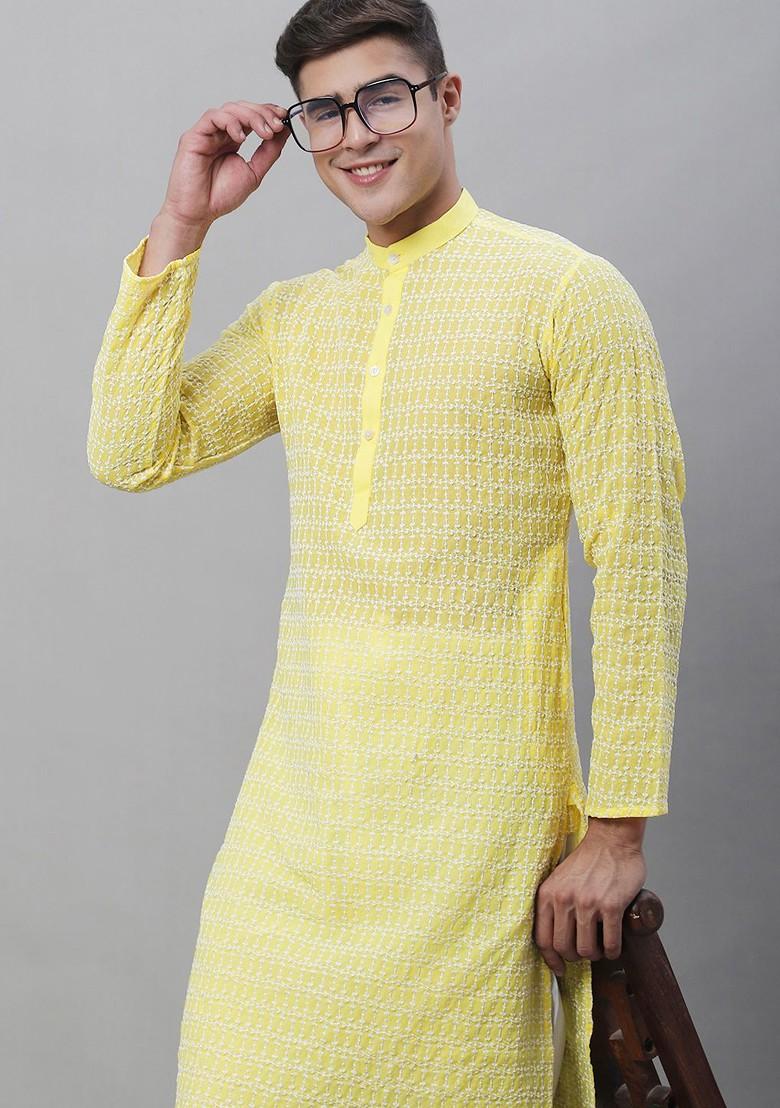 Yellow Embroidered Cotton Kurta Set For Men