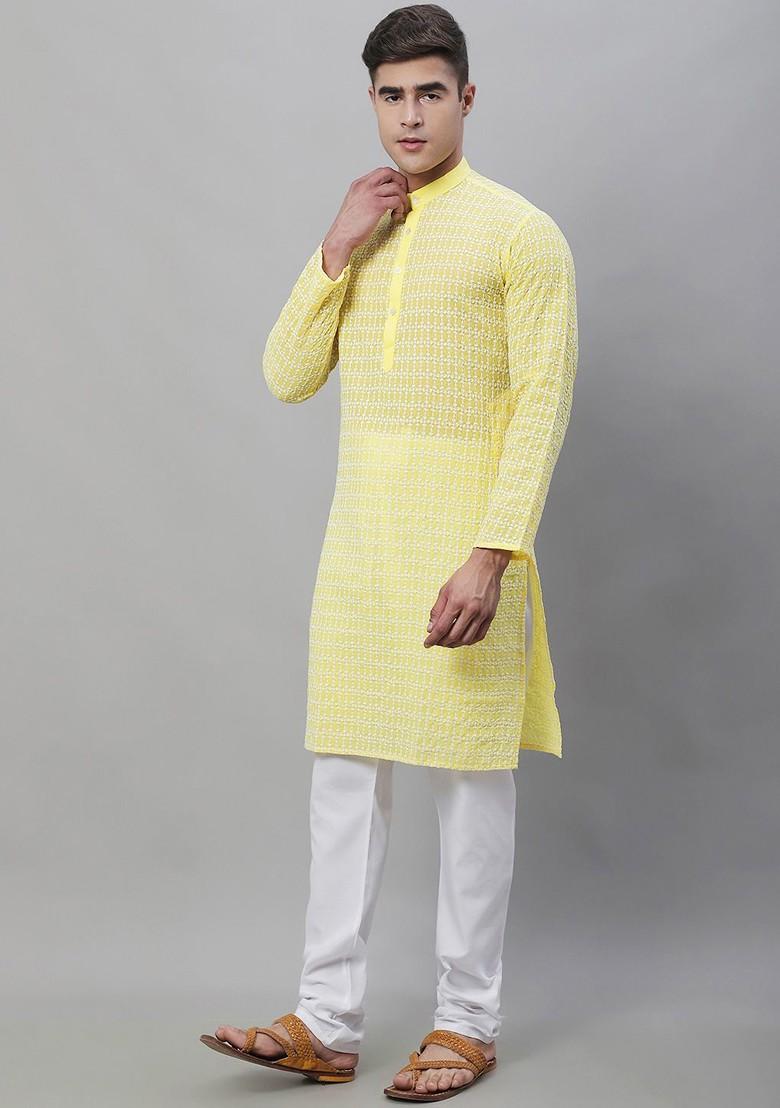 Yellow Embroidered Cotton Kurta Set For Men