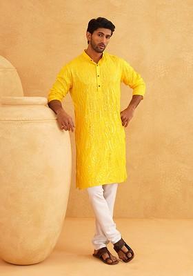 Mustard Embroidered Cotton Kurta Set For Men