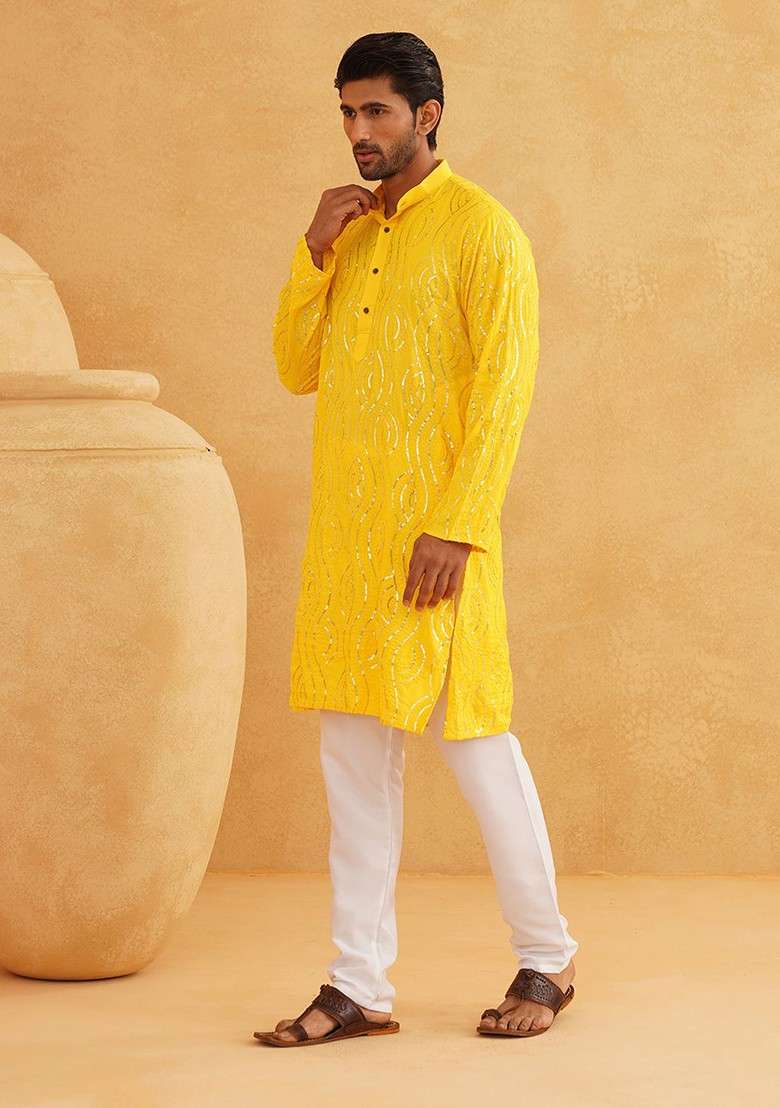 Mustard Embroidered Cotton Kurta Set For Men - Indya