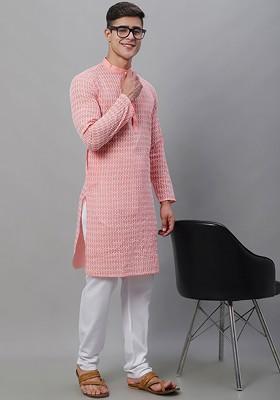 Peach Embroidered Cotton Kurta Set For Men