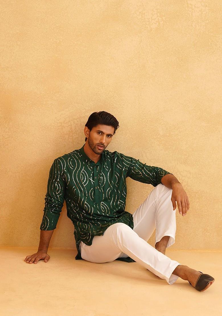 Green Embroidered Cotton Kurta Set For Men