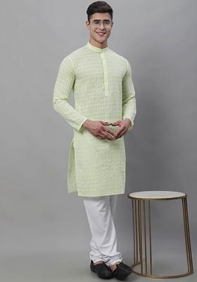 Green Embroidered Cotton Kurta Set For Men