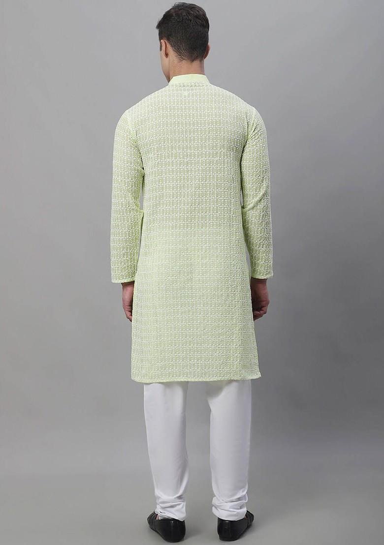 Green Embroidered Cotton Kurta Set For Men