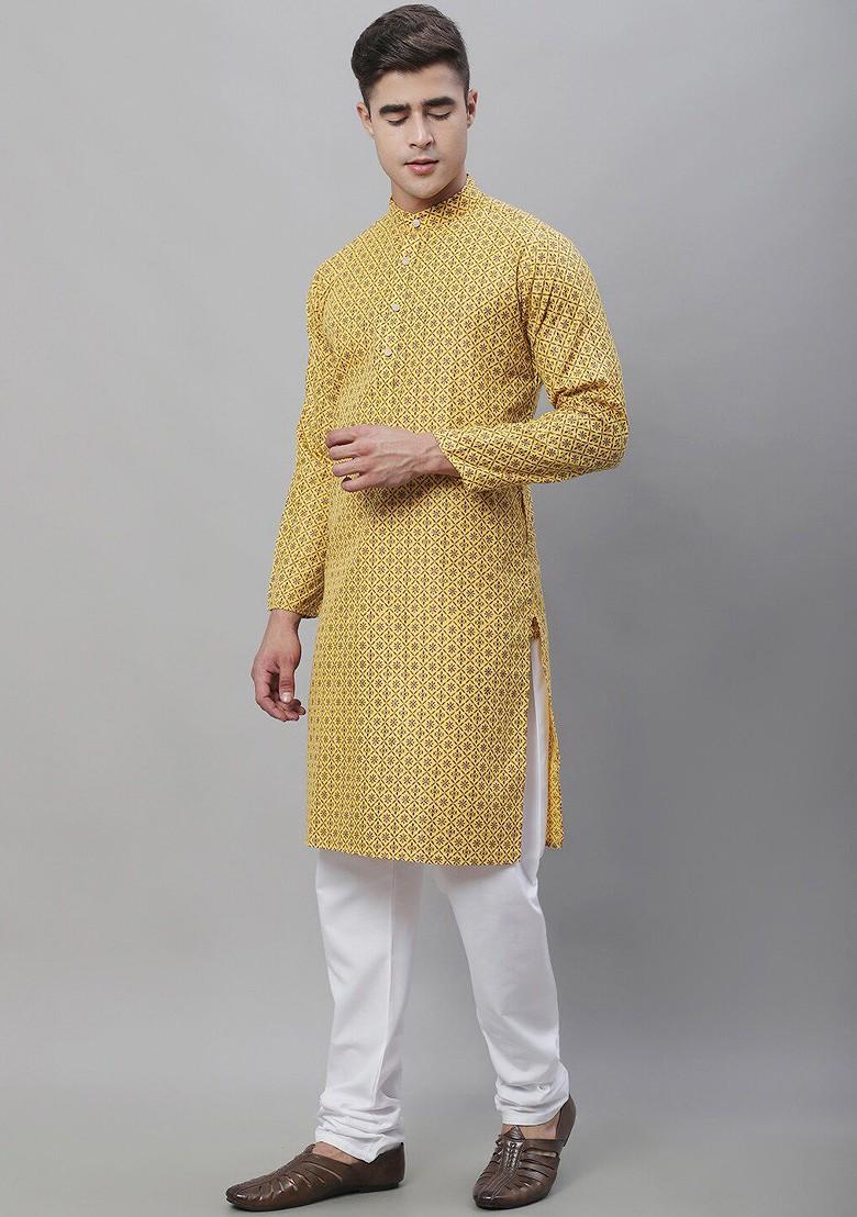 Mustard Ethnic Motifs Cotton Kurta Set For Men