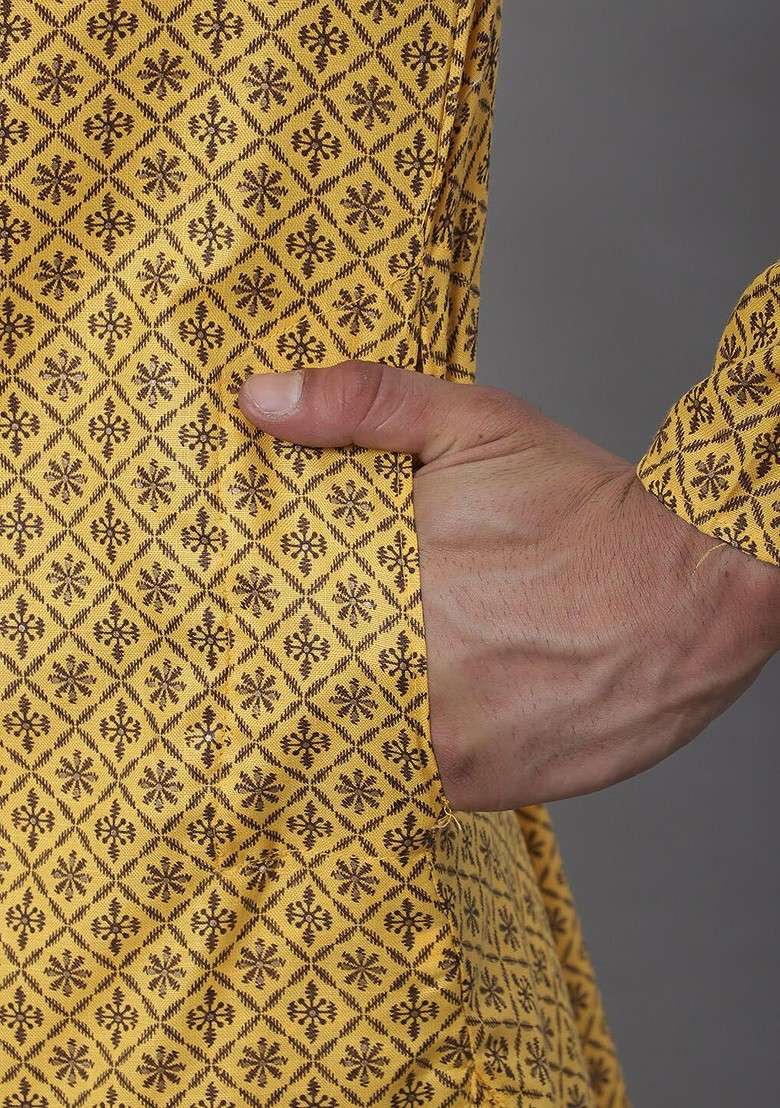 Mustard Ethnic Motifs Cotton Kurta Set For Men - Indya
