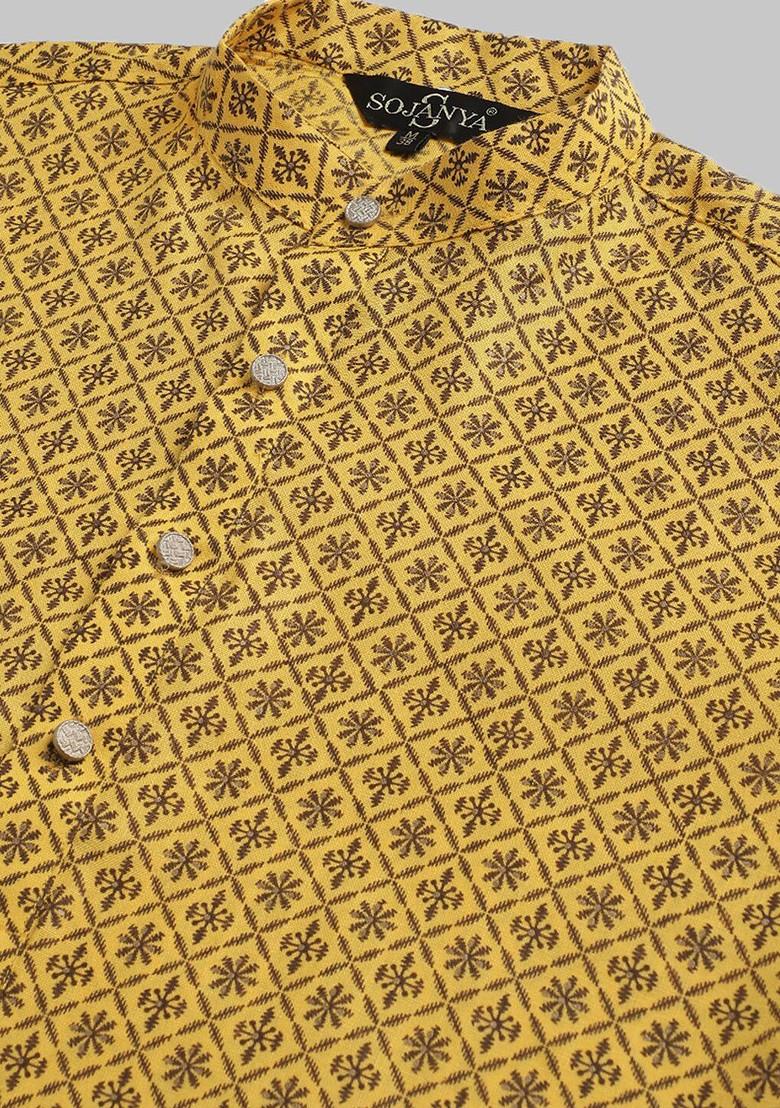 Mustard Ethnic Motifs Cotton Kurta Set For Men