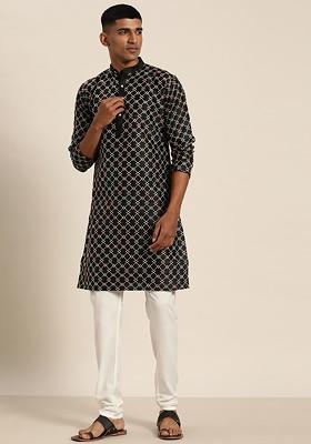Black Thread Work Poly Blend Kurta Set For Men