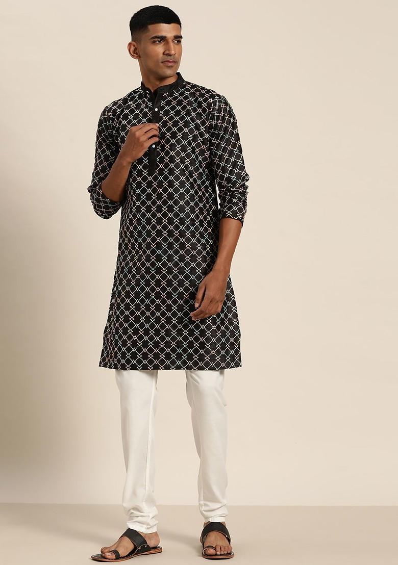 Black Thread Work Poly Blend Kurta Set For Men