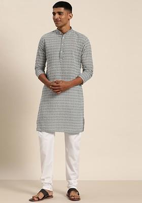 Grey Thread Work Cotton Kurta Set For Men