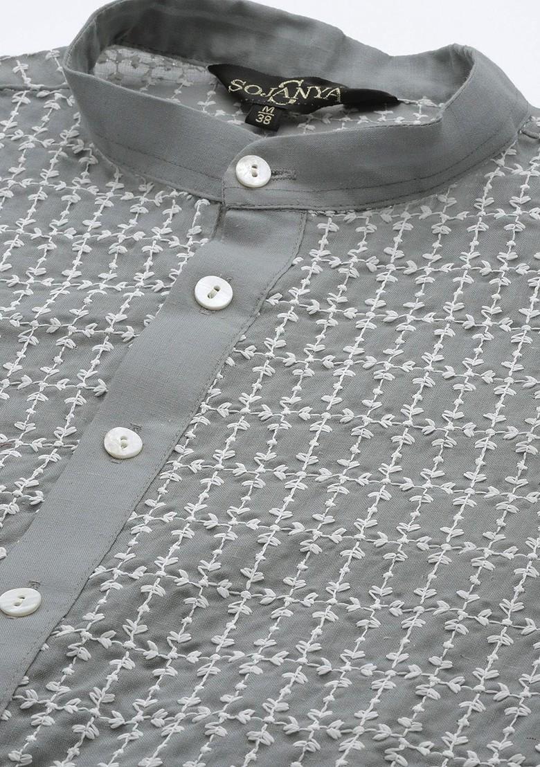 Grey Thread Work Cotton Kurta Set For Men