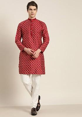 Maroon Thread Work Poly Blend Kurta Set For Men