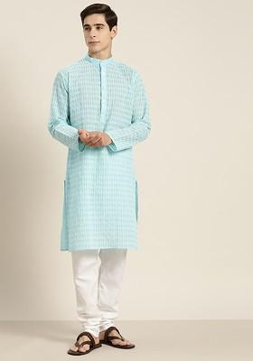 Blue Thread Work Cotton Kurta Set For Men